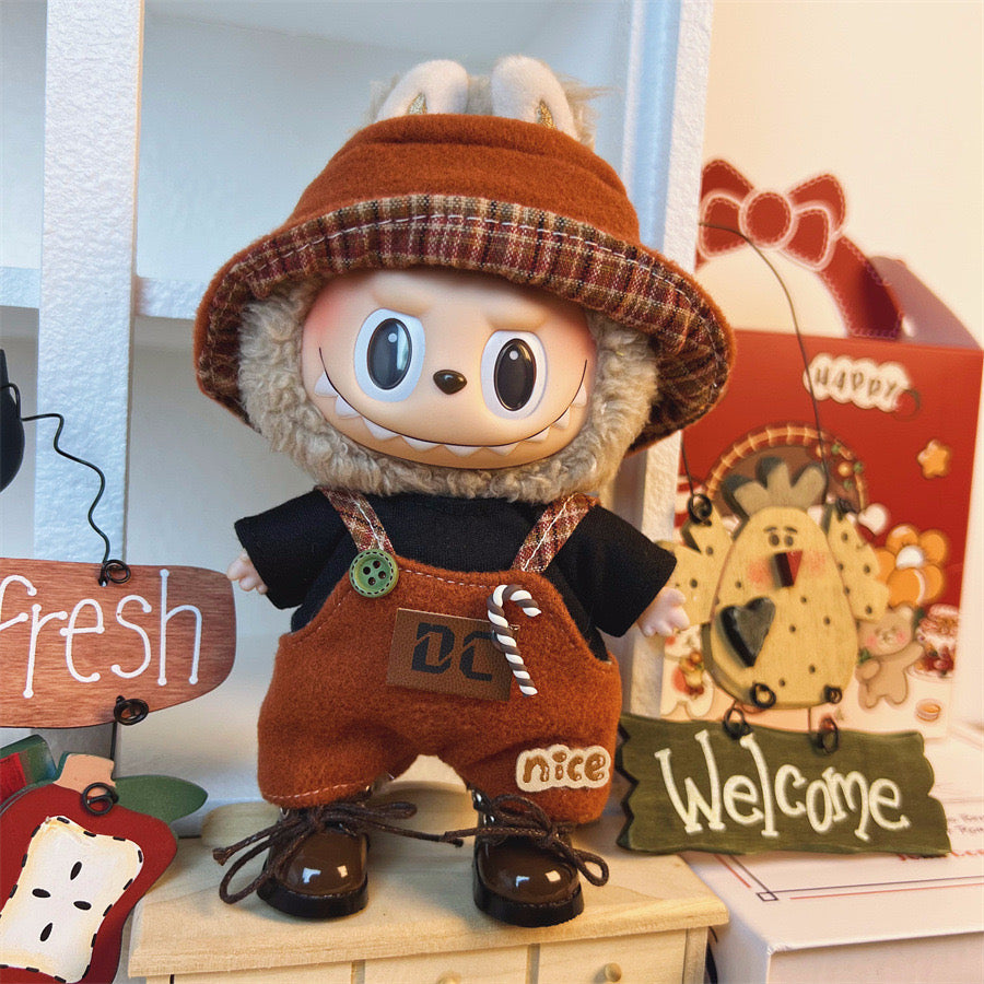 Labubu Brick Red Brown Overall Chic Outfit Set, Toy Handmade Clothing+ Shoes