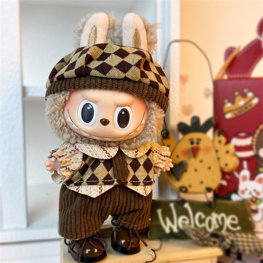 Labubu Brown Beret Hat Gingham Plaid Pattern Chic Outfit Set, Toy Handmade Clothing + Shoes