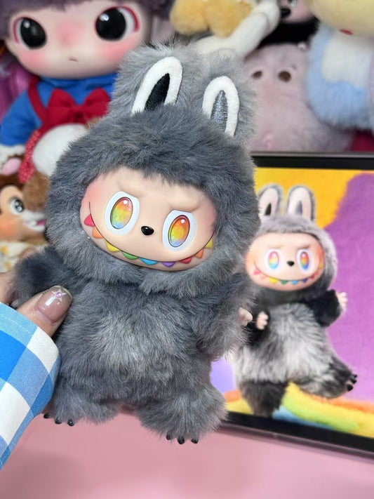artist-made labubu plush gray tail and metal heart tag