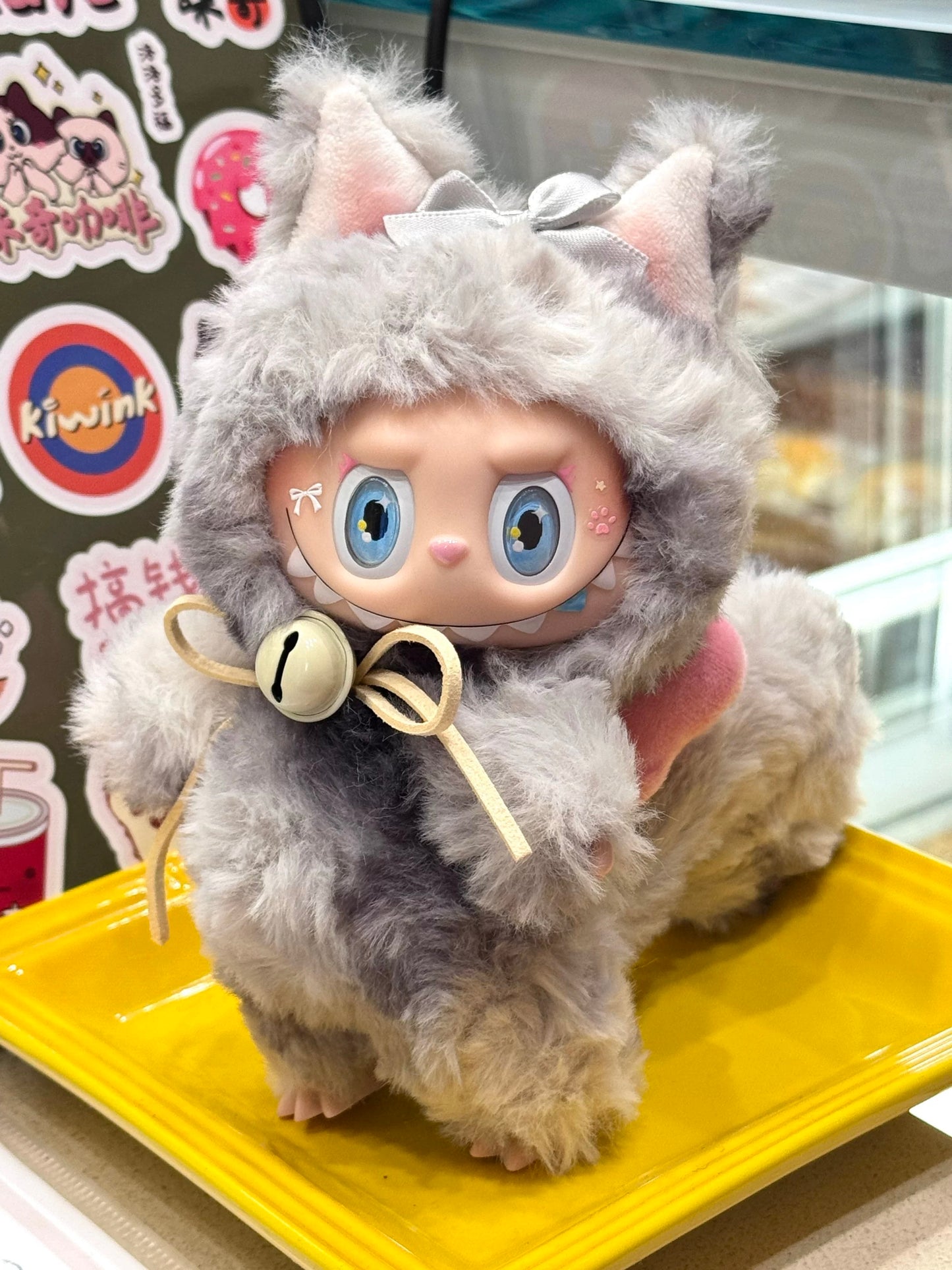 custom labubu grey big tail pink bow