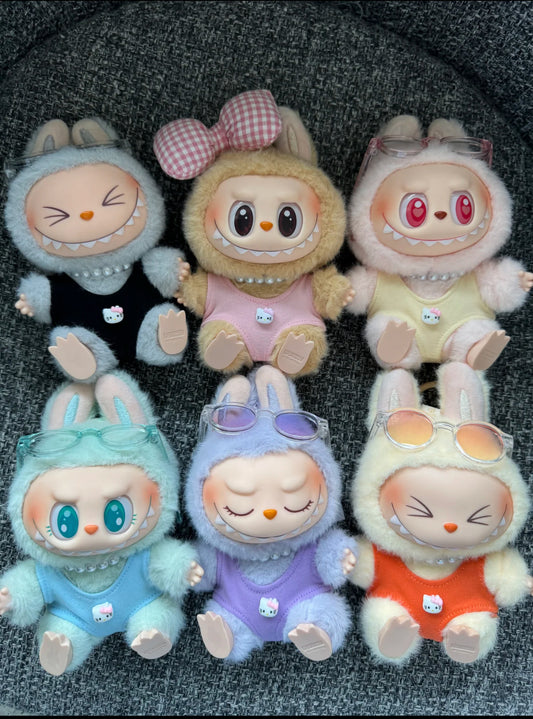 labubu wearing summer bodysuit with pearl necklace