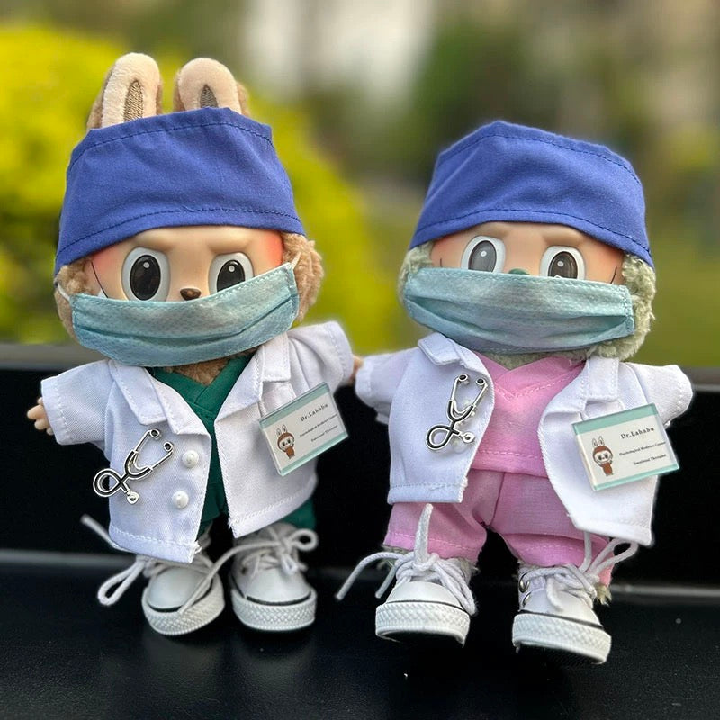 labubu doll wearing doctor outfit set with lab coat stethoscope badge
