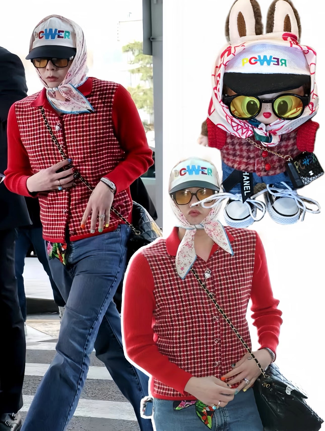 labubu doll wearing g-dragon airport inspired outfit with hat glasses bag sweater pants shoes