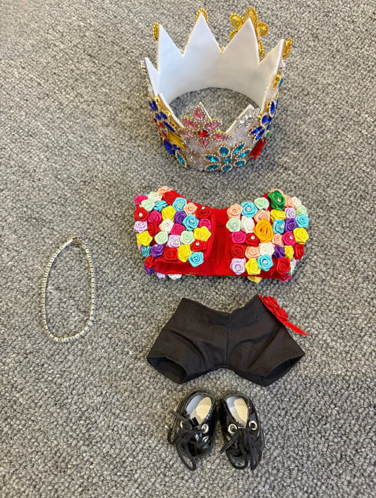 Conjunto Labubus de 4 piezas, inspirado en el concierto de G-Dragon Mama del Kpop, juguete de flor roja con diamantes de imitación, ropa hecha a mano.