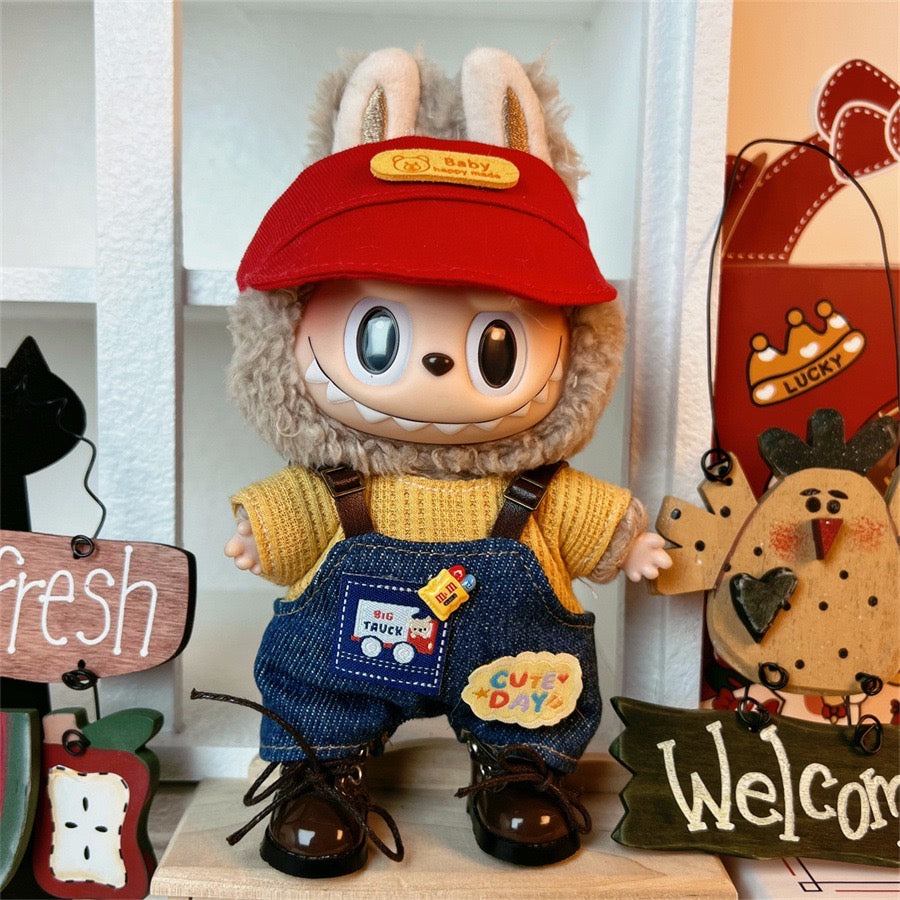 Labubu Red Hat Denim Overall Outfit Set, Toy Handmade Clothing +Shoes
