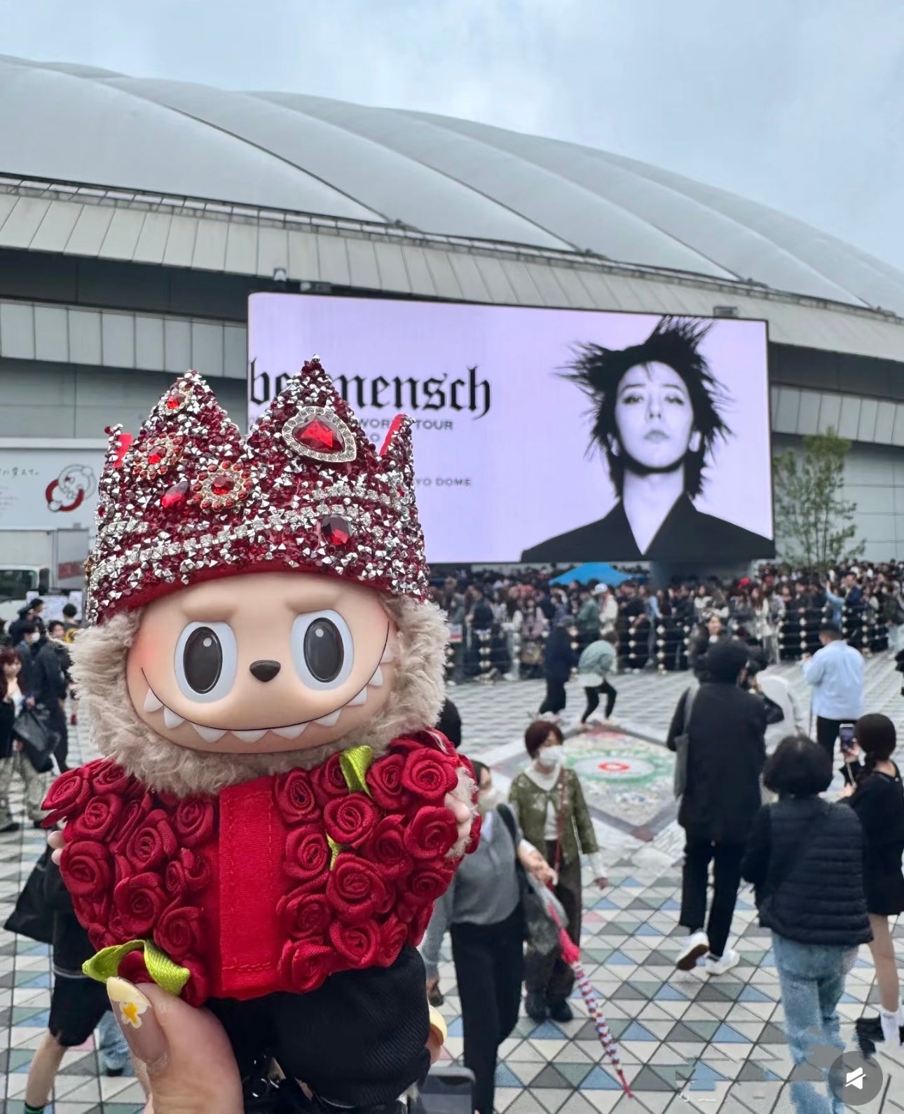 Labubu in G-Dragon inspired red flower and rhinestone hat outfit