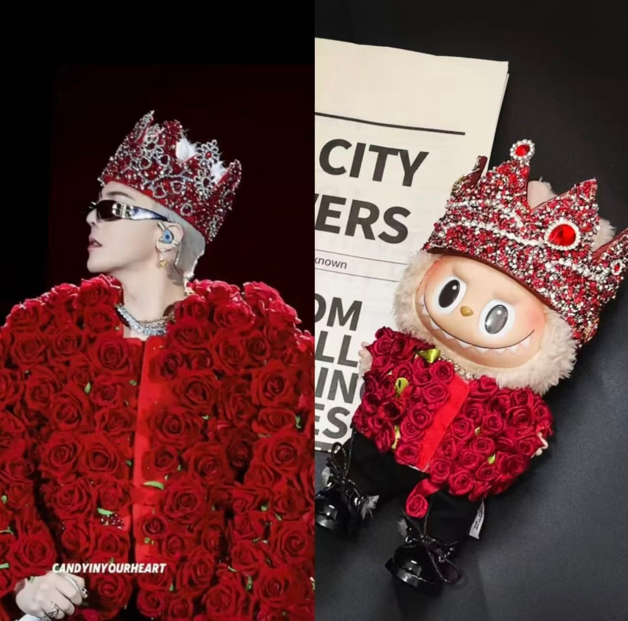 Labubu in G-Dragon inspired red flower and rhinestone hat outfit