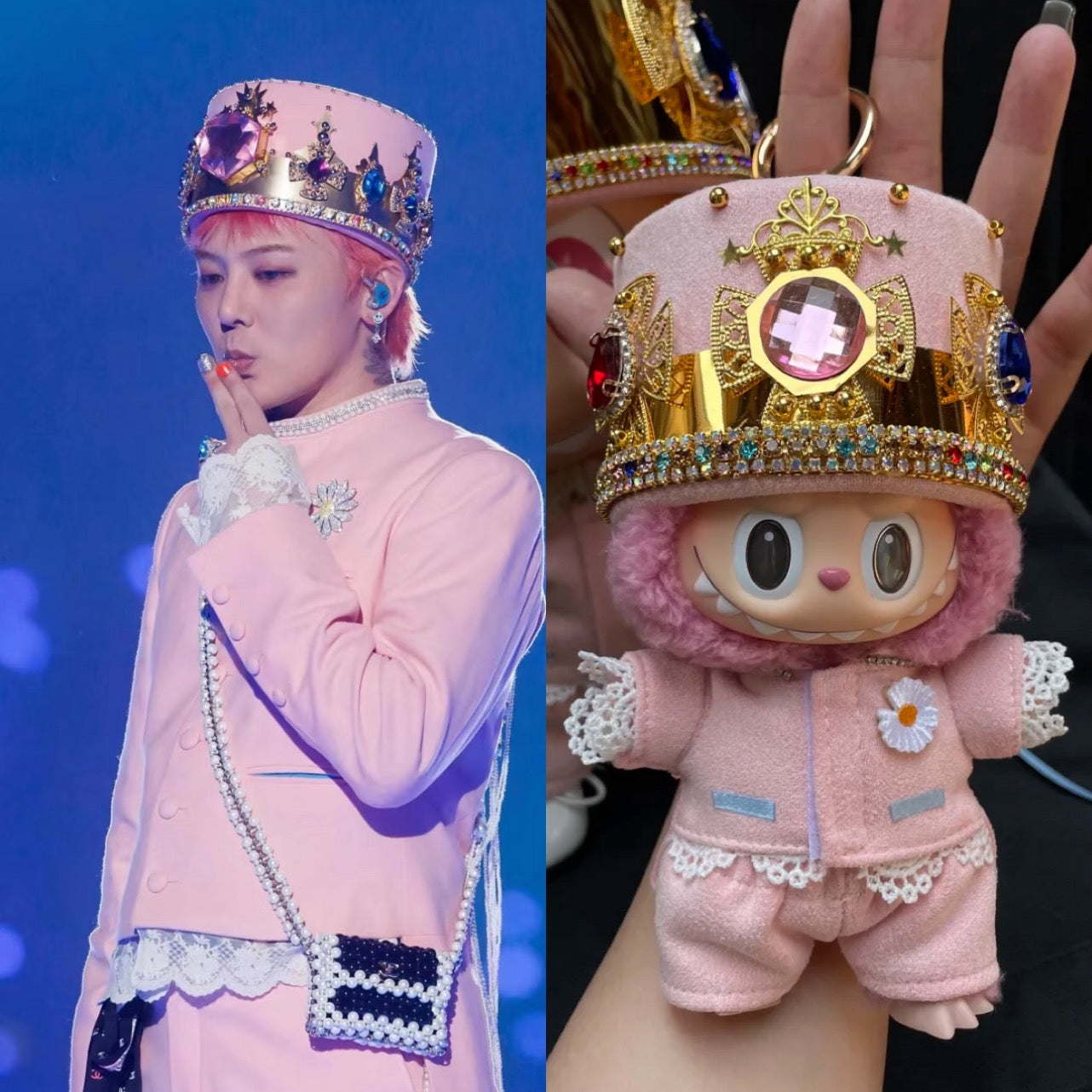 labubu doll wearing g-dragon pink crown outfit 3-piece clothing set