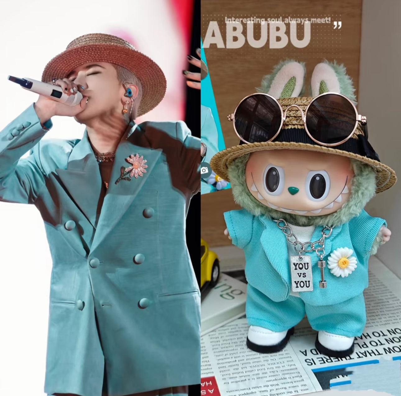labubu doll wearing gdragon kpop blue suit with hat and sunglasses