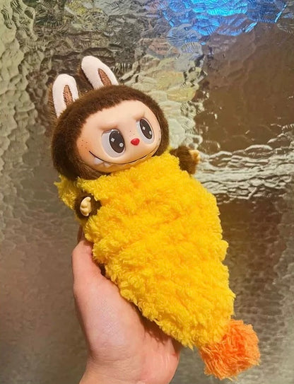 labubu wearing tempura shrimp jumpsuit outfit