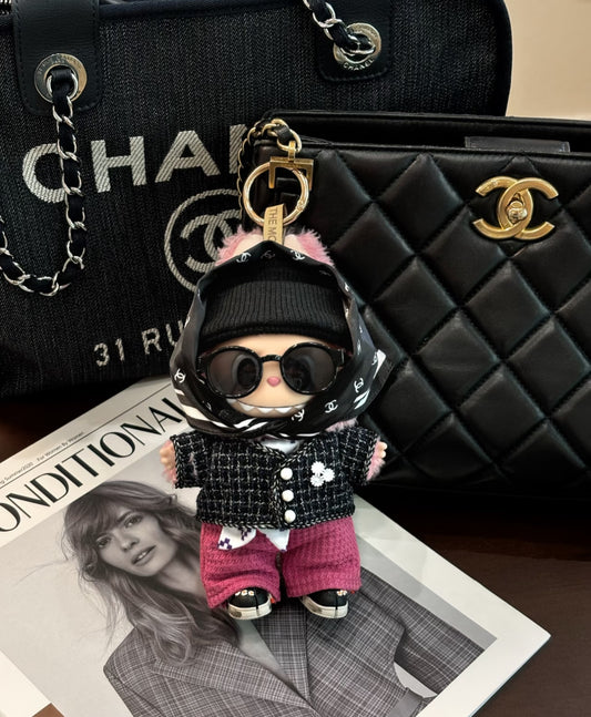 handmade labubu outfit with scarf headband bag sunglasses and sneakers